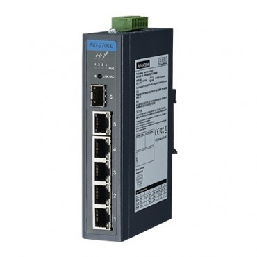 6-portový priemyselný PoE switch EKI-2706E-1GFP s 1 gigabitovým RJ45 a 1 gigabitovým SFP