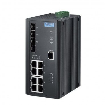 12 portový priemyselný PoE switch EKI-2712G-4FPI s 8GE RJ45 s IEEE 802.3 af/at, 4 SFP a rozšírenými pracovnými teplotami
