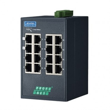 16-portový priemyselný manažovateľný switch EKI-5526I-PN, 16x FE RJ45, PROFINET a rozšírenými pracovnými teplotami