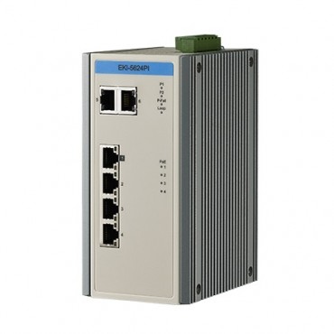6-portový priemyselný ProView PoE switch EKI-5624PI s 2 gigabitovými ethernet portami a rozšírenými pracovnými teplotami