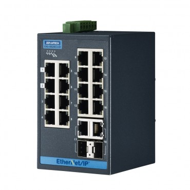 18-portový priemyselný manažovateľný switch EKI-5626CI-EI, 16x FE RJ45, 2 kombinované GbE RJ45/SFP, Ethernet/IP a rozšírenými pracovnými teplotami