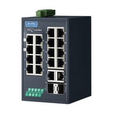 18-portový priemyselný manažovateľný switch EKI-5626CI-PN, 16x FE RJ45, 2 kombinované GbE RJ45/SFP, PROFINET a rozšírenými pracovnými teplotami