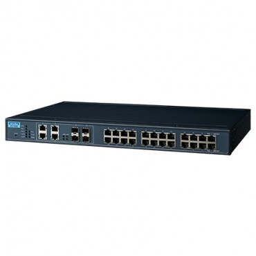 28-portový gigabitový manažovateľný redundantný priemyselný PoE+ switch EKI-7428G-4CPI s 4 kombinovanými portami a rozšírenými pracovnými teplotami