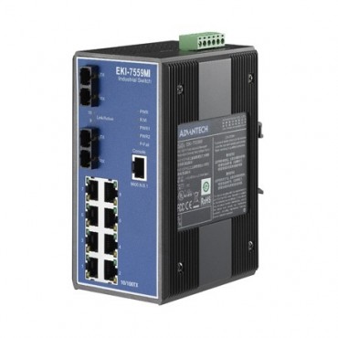 10-portový manažovateľný priemyselný switch EKI-7559MI s 2 SC multi-mode optickými portami a rozšírenými pracovnými teplotami