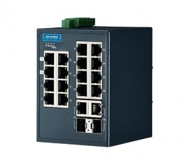 18-portový priemyselný manažovateľný switch EKI-5626CI-MB, 16x FE RJ45, 2x kombinované GbE RJ45/SFP, Modbus/TCP a rozšírenými pracovnými teplotami