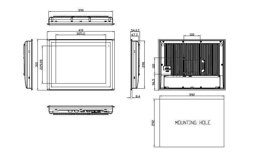 DataLab PC/LCD - rozmerový výkres (milimetrové rozmery)